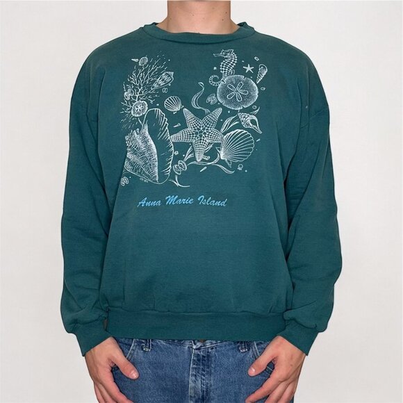 Vintage 90s Anna Marie Island Sea Shells Beach Crewneck / Sweatshirt XL - Picture 1 of 6